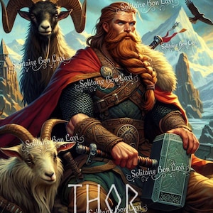 May include: A digital illustration of Thor, the Norse god of thunder, holding his hammer Mjolnir. He is depicted as a muscular man with a long red beard and hair, wearing a horned helmet and chainmail armor. He is seated on a rock with two goats beside him. The background features a mountain range and a blue sky.