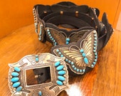 Butterfly Concho belt Native American Navajo handmade sterling silver sleeping beauty turquoise Concho belt