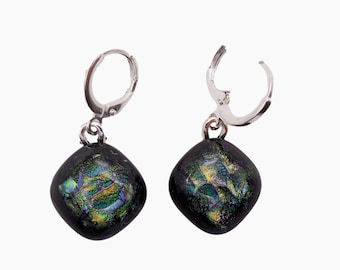 Green/Gold Dichroic Earrings - Handcrafted Fused Glass Jewelry for a Luxurious Blend of Colors and Unique Elegance