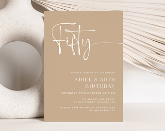 Beige 50th Birthday Invite, Minimalist Birthday Invitation Template, Editable Template, 50th Birthday Invite for Women, Any Age Invite