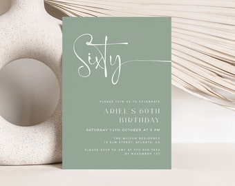 Sage Green 60th Birthday Invite, Minimalist Birthday Invitation Template, Editable Template, 60th Birthday Invite for Women, Any Age Invite
