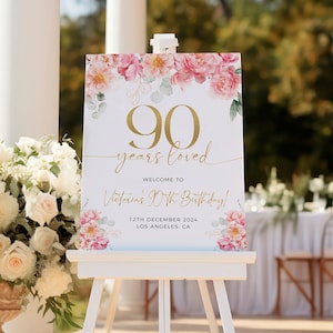 90 years loved sign, Floral 80th Birthday Welcome Sign, 90th Welcome Sign, Editable Template, 90th Birthday Decorations, 90th For Women