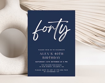 Navy Blue 40th Birthday Invitation Template, Modern 40th Birthday Invite, Editable Template, Any Age Birthday Invite, Male Birthday Invite