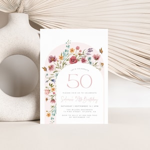 Modello di invito per il 50esimo compleanno di fiori di campo, cinquantesimo compleanno primaverile, modello modificabile, invito di compleanno di qualsiasi età, compleanno femminile, giardino