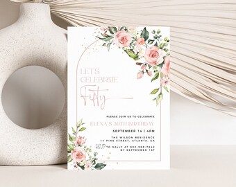 Blush Floral 50th Birthday Invitation Template, Floral Arch 50th Birthday, Editable Template, Any Age Birthday Invite, Female Birthday