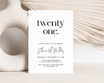 Minimalist 21st Birthday Invitation Template, Twenty One Invitation, Black and White 21st Invite, Modern 21st Birthday, Editable Template