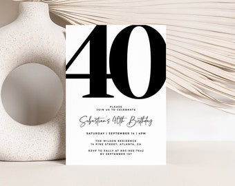 Plantilla moderna de invitación de cumpleaños número 40, invitación audaz de cumpleaños número 40, plantilla editable, invitación de cumpleaños de cualquier edad, invitación de cumpleaños masculina
