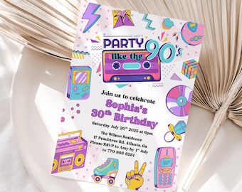 90s Birthday Party Invitation, Back to the 90s, Vintage 90s Birthday, Retro 30th Birthday Invite, Canva Template, Throwback Party, Disco
