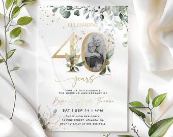 Plantilla de invitación para 40.º aniversario, verde y dorado, plantilla editable, invitación de aniversario con foto, invitación para 40.º aniversario de bodas