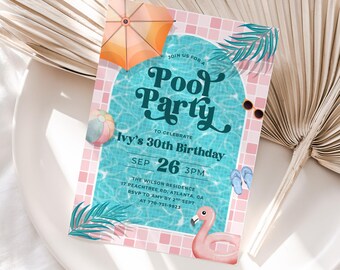 Modèle d'Invitation à la piscine, 30e anniversaire, invitation à une fête Splash, 30e invitation tendance, anniversaire à la piscine, modèle de toile