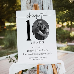 10th Anniversary Welcome Sign Template, Cheers To 10 Years, Black and White, Editable Template, Photo Anniversary Welcome Sign, 10 Years