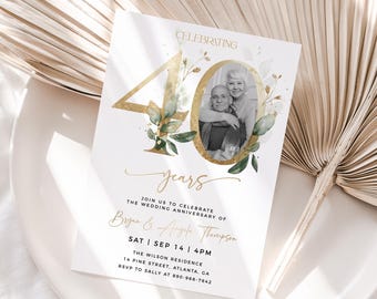 Plantilla de invitación para 40.º aniversario, verde y dorado, plantilla editable, invitación de aniversario con foto, invitación para 40.º aniversario de bodas