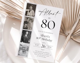 80th Birthday Invitation Template, Vintage 80th Birthday Invite, Film Strip Invitation With Photo, Male 80th Birthday, Canva Template