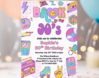 90s Birthday Party Invitation, Back to the 90s, Vintage 90s Birthday, Retro 30th Birthday Invite, Canva Template, Throwback Party, Disco