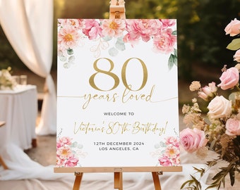 80 years loved sign, Floral 80th Birthday Welcome Sign, 80th Welcome Sign, Editable Template, 80th Birthday Decorations, 80th For Women