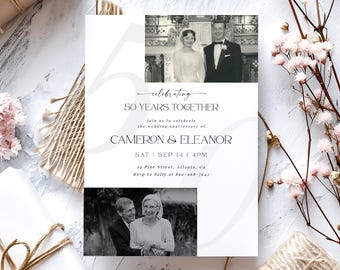 May include: A white invitation card with the text "celebrating 50 YEARS TOGETHER" and the names "CAMERON & ELEANOR". The card includes two black and white photos and is decorated with flowers and wrapped gifts.