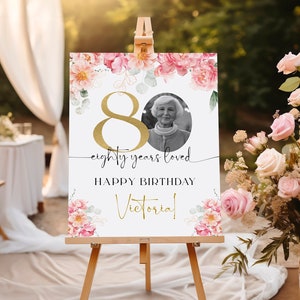 Panneau 80 ans d'amour, panneau de bienvenue floral 80e anniversaire, panneau de bienvenue avec photo, modèle modifiable, décorations du 80e anniversaire pour femme