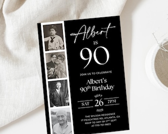 90. Geburtstag Einladung Vorlage, Vintage 90. Geburtstag einladen, Foto Film Streifen Einladung, schwarz 90er Geburtstag einladen, Canva Vorlage