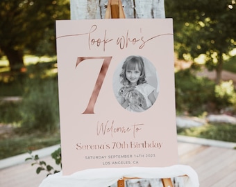 Feminine 70th Birthday Welcome Sign, Photo Birthday Welcome Template, Look Who&#39;s 70, Editable Welcome Poster, Pink Birthday Welcome Sign