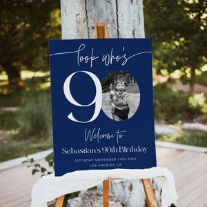 Navy Blue 90th Birthday Welcome Sign, Male Birthday Welcome Template, Look Who&#39;s 90, Editable Welcome Poster, Photo Birthday Welcome Sign