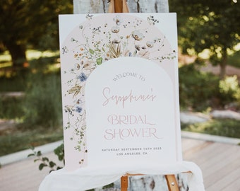 Signo de bienvenida de la despedida de soltera de flores silvestres, signo de bienvenida de primavera, plantilla editable, despedida de soltera de primavera, ducha de jardín, signo de flores silvestres