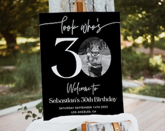 Sinal de boas-vindas de aniversário de 30 anos masculino, modelo de boas-vindas de aniversário preto, veja quem tem 30 anos, pôster de boas-vindas editável, sinal de boas-vindas de aniversário com foto