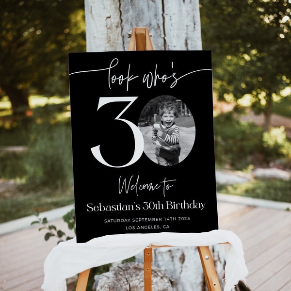 Male 30th Birthday Welcome Sign, Black Birthday Welcome Template, Look Who's 30, Editable Welcome Poster, Photo Birthday Welcome Sign