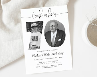 Photo 70th Birthday Invitation Template, Look Who's 70, Unisex 30th Birthday Invite, Any Age, Editable Black and White 70th Birthday