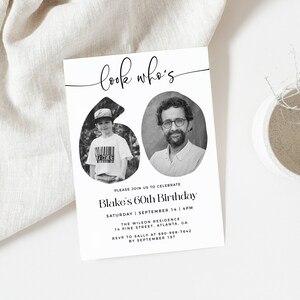 Photo 60th Birthday Invitation Template, Look Who's 60, Unisex 60th Birthday Invite, Any Age, Editable Black and White 60th Birthday
