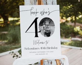 Placa de boas-vindas para o aniversário de 40 anos masculino, Placa de boas-vindas para o aniversário de 40 anos do &quot;Olha quem é?&quot;, Modelo editável, Pôster de boas-vindas moderno, Placa de boas-vindas com foto para aniversário