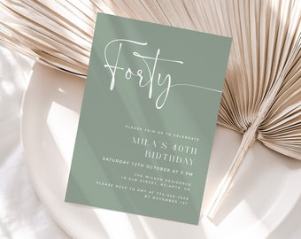 Minimalist Birthday Invitation Template, Sage Green 40th Birthday Invite, Editable Template, 40th Birthday Invite for Women, Any Age Invite