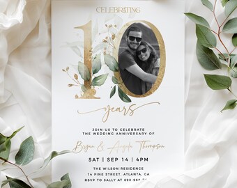 10th Anniversary Invitation Template, Greenery and Gold, Anniversary Invite With Photo, 10th Wedding Anniversary Invite, Greenery Invitation