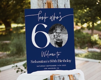 Navy Blue 60th Birthday Welcome Sign, Male Birthday Welcome Template, Look Who's 60, Editable Welcome Poster, Photo Birthday Welcome Sign