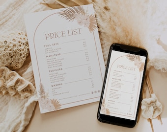 Modello di listino Boho, foglio prezzi modificabile, listino prezzi per piccole imprese, listino prezzi per saloni, listino Boho Arch, listino prezzi bellezza