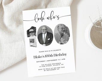 Puede incluir: Una invitación de cumpleaños en blanco y negro con el texto "look who's" y "Blake's 100th Birthday". La invitación incluye dos fotos del cumpleañero a diferentes edades.