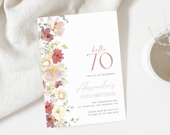Mall för blommig 70-årsinbjudan, elegant 70-årsinbjudan, redigerbar mall, alla åldrar, kvinnlig födelsedagsinbjudan, rouge