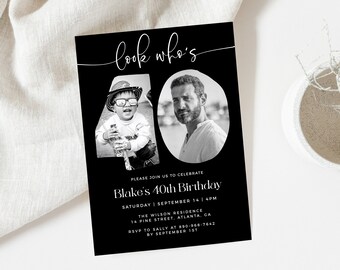 Photo 40th Birthday Invitation Template, Look Who's 40, Male 40th Birthday Invite, Editable Template, Any Age, Black 40th Birthday Invite