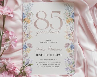Floral 85th Birthday Invitation Template, 85 Years Loved Invitation, Blue and Pink, 85th Invitation For Women, Editable Template