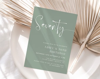Sage Green 70th Birthday Invite, Minimalist Birthday Invitation Template, Editable Template, 70th Birthday Invite for Women, Any Age Invite