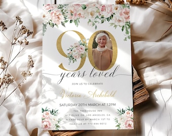 Floral 90th Birthday Invitation Template, 90 Years Loved Invitation, Blush Pink and Gold, Photo 90th Invitation For Women, Editable Template