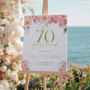 Letrero de 70 años de amor, letrero de bienvenida floral para el 70.° cumpleaños, letrero de bienvenida para el 70.° cumpleaños, plantilla editable, decoraciones para el 70.° cumpleaños, 70.° cumpleaños para mujeres