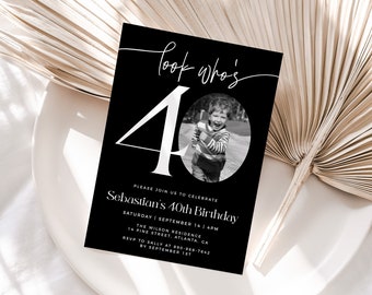 Male 40th Birthday Invitation Template, Look Who's 40, Photo 40th Birthday Invite, Editable Template, Any Age, Black 40th Birthday Invite