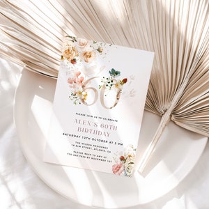 Floral 60th Birthday Invitation Template, Feminine 60th Birthday Invite, Editable Template, Any Age Birthday Invite, Female Birthday