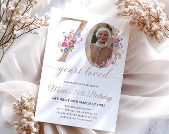 Floral 70th Birthday Invitation Template, 70 Years Loved, Spring 70th Birthday, Photo 70th Invitation For Women, Editable Template