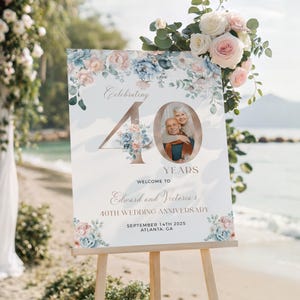 Willkommensschild zum 40-jährigen Jubiläum, Willkommensschild mit Blumenmuster, bearbeitbare Vorlage, Foto-Willkommensschild, Willkommensschild zum 40-jährigen Jubiläum