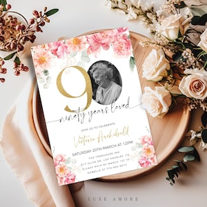 Floral 90th Birthday Invitation Template, 90 Years Loved Invitation, Pink and Gold, Photo 90th Invitation For Women, Editable Template
