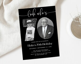 Photo 70th Birthday Invitation Template, Look Who's 70, Male 70th Birthday Invite, Editable Template, Any Age, Black Birthday Invite