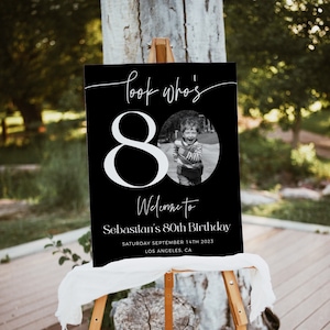 Male 80th Birthday Welcome Sign, Black Birthday Welcome Template, Look Who&#39;s 80, Editable Welcome Poster, Photo Birthday Welcome Sign