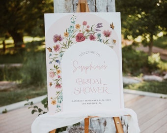 Signo de bienvenida de la ducha nupcial de flores silvestres, signo de bienvenida del jardín, plantilla editable, despedida de soltera de primavera, despedida de soltera floral, signo de flores silvestres