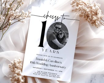 Photo 10th Anniversary Invitation Template, Cheers To 10 Years, Black and White, Editable Template, Simple Anniversary Invite, 10 Years